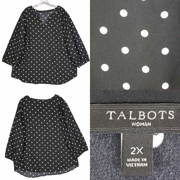 Talbots Tunic Top Plus Size 2X Womens Popover Blouse Polka Dot Stretch Black - Picture 1 of 8